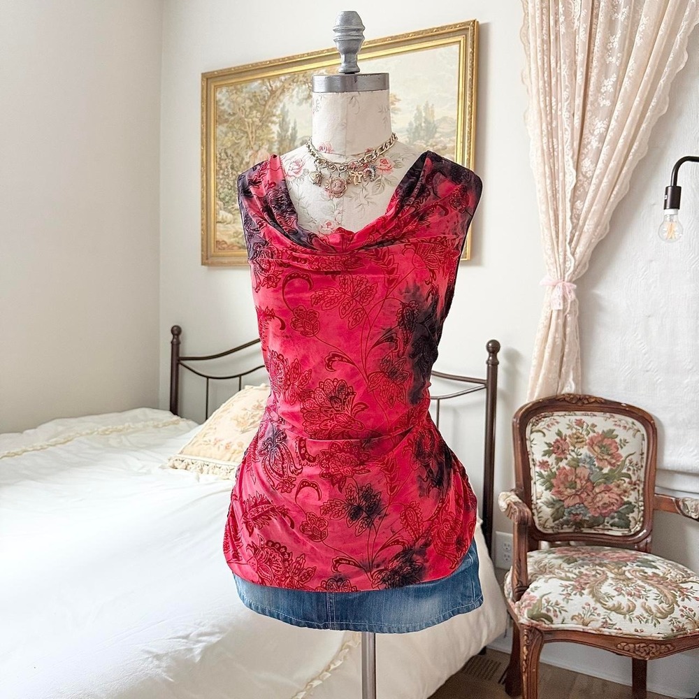Red fairy Cowl Top  Y2K Sami Jo size large red floral going out top